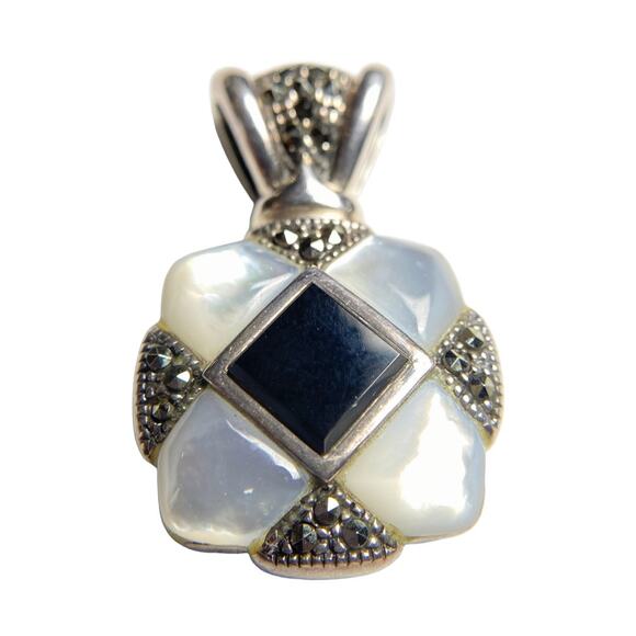 NF 925 Sterling Silver Onyx Mother of Pearl Marcasite Pendant - Picture 1 of 12